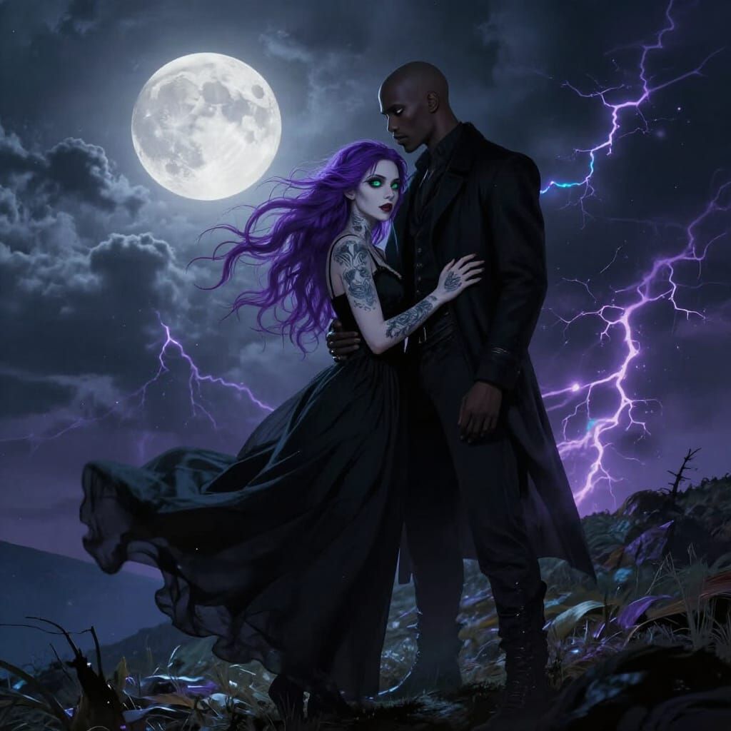Gothic Couple Under Full Moon Sky