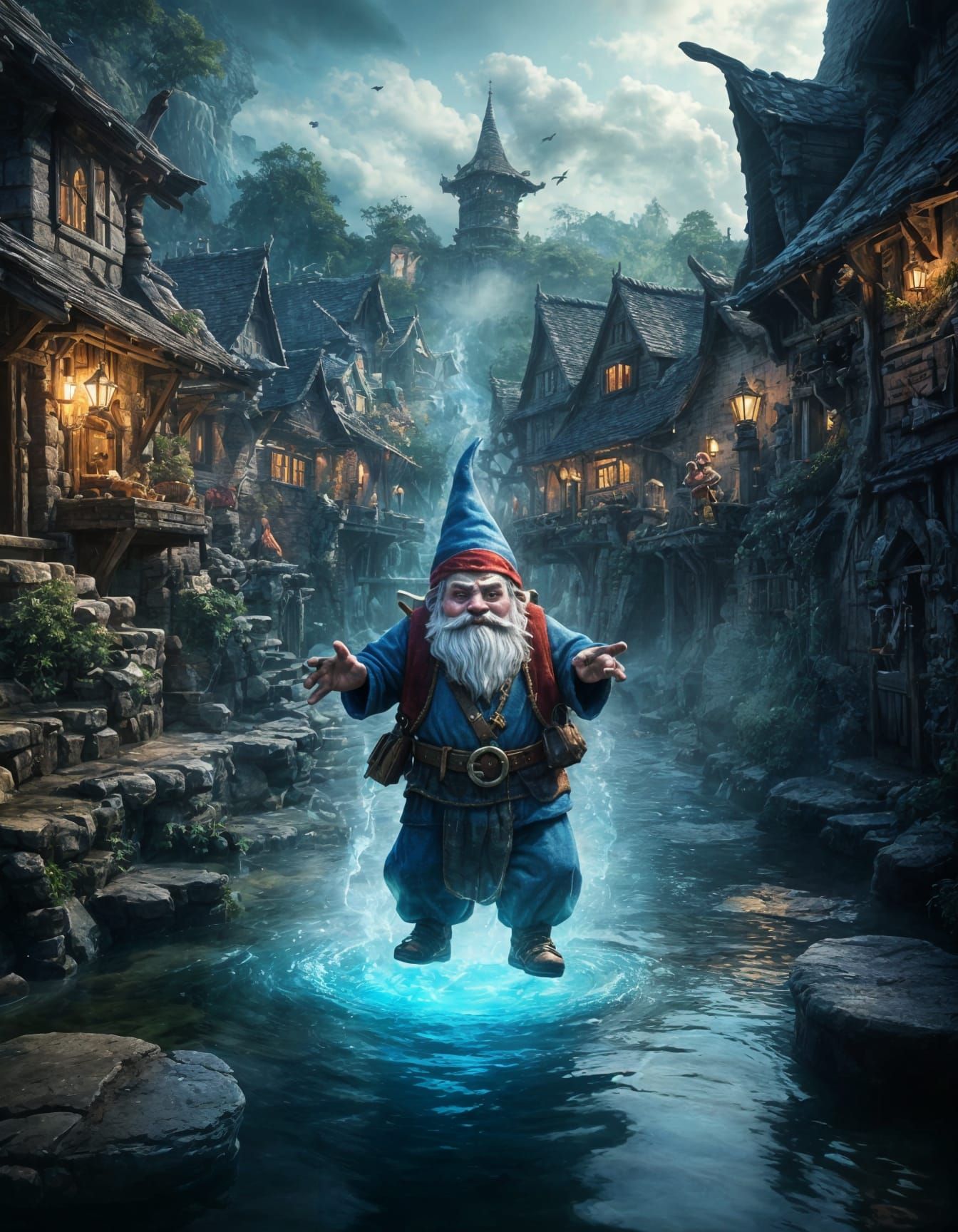 Gnome Mage Floating in Fantasy Village
