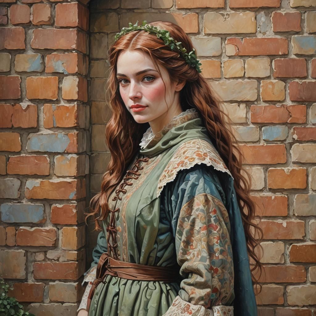 Medieval Lady in Courtyard Oil Painting