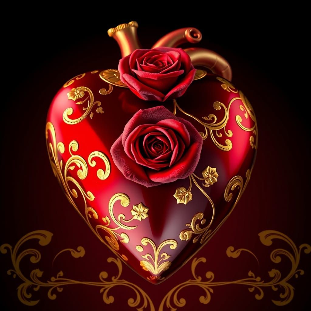 Luxurious Heart Design with Golden Florals and Realistic Ros...
