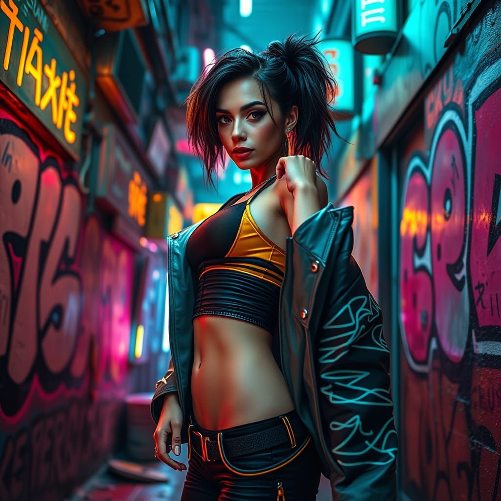 Elegant Woman in Cyberpunk Slum with Neon Accents