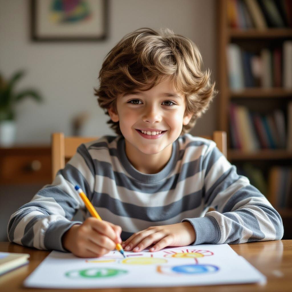 Young Boy Focused on Drawing His Own Picture