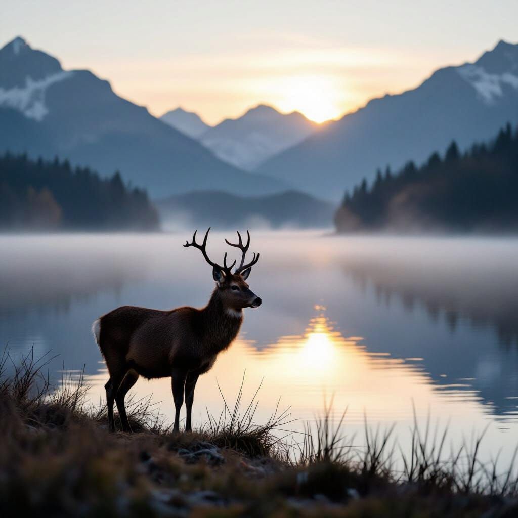 Lone Deer by a Still Lake in Morning Light