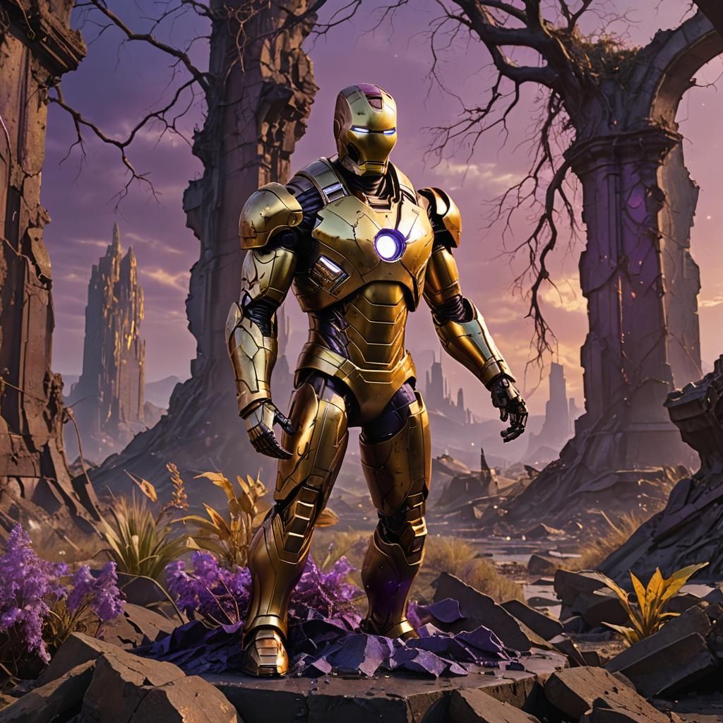 Golden Iron Man Statue Leaking Blood in Fantasy Landscape