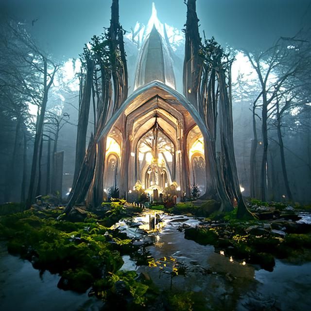 Elven Cathedral in Forest: Hyperrealistic Concept Art