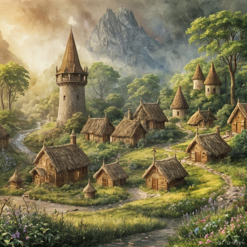 Enchanted Hobbit Village: Ink Painting Masterpiece