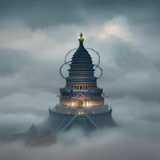 Ethereal Tibetan Temple Amidst Swirling Clouds in Surreal La...