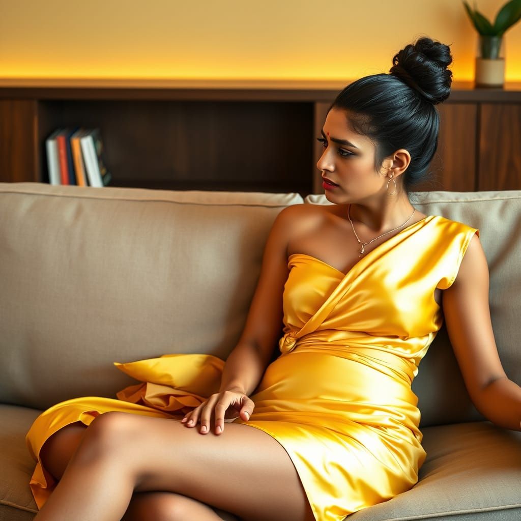 Elegant Indian Woman in Yellow Silk Outfit with Young Man