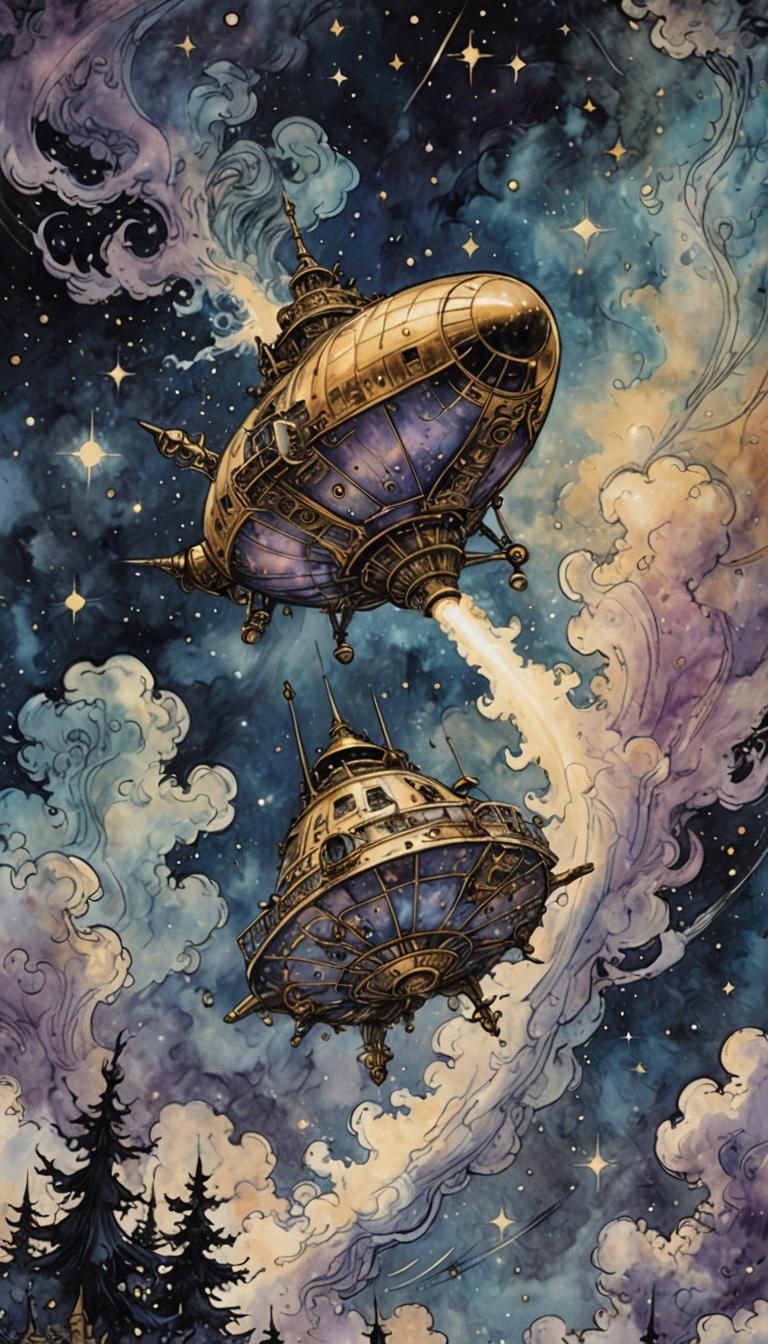 Spacecraft Races Through Starry Sky, Rackham Style