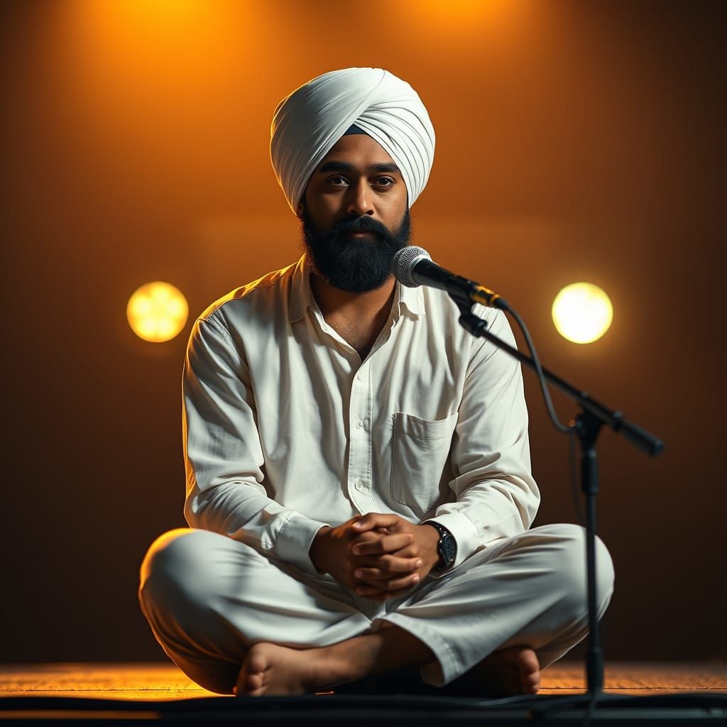 Indian Man with Turban Sits on Stage with Microphone