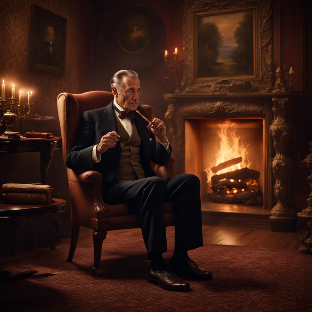 1940s Gentleman with Cigar by Fireplace