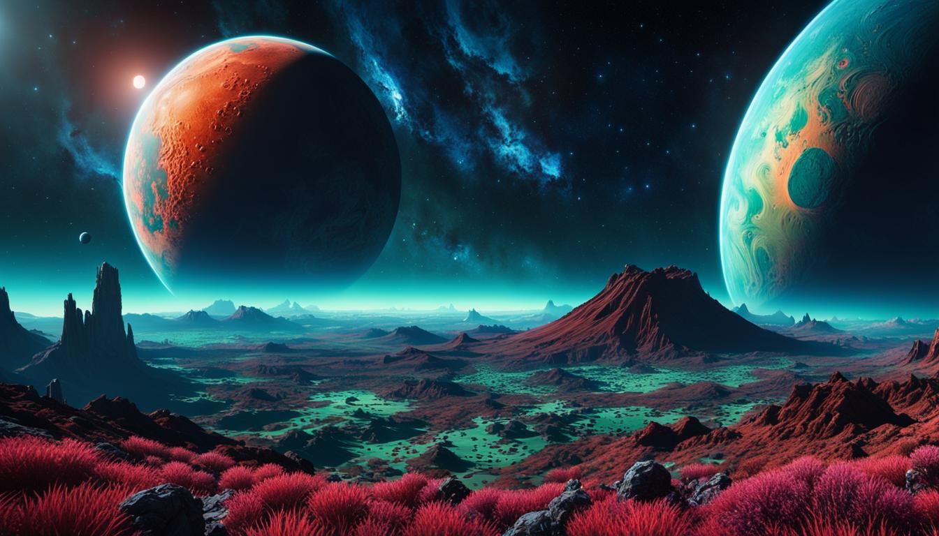 Vibrant Planet Surface Under Majestic Gas Giant Skies