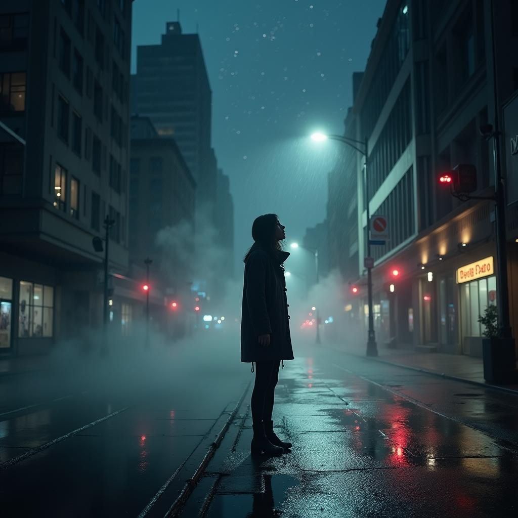 Woman Gazing at Starry Sky in Rainy City