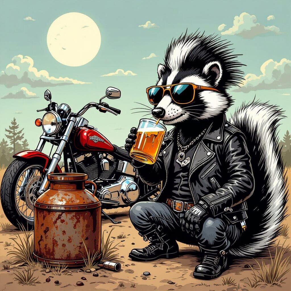 Biker Skunk Drinks Moonshine: Gritty, Detailed Art