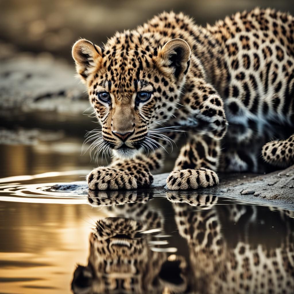 Hyperrealistic Portrait of a Leopard Cub in Reflection