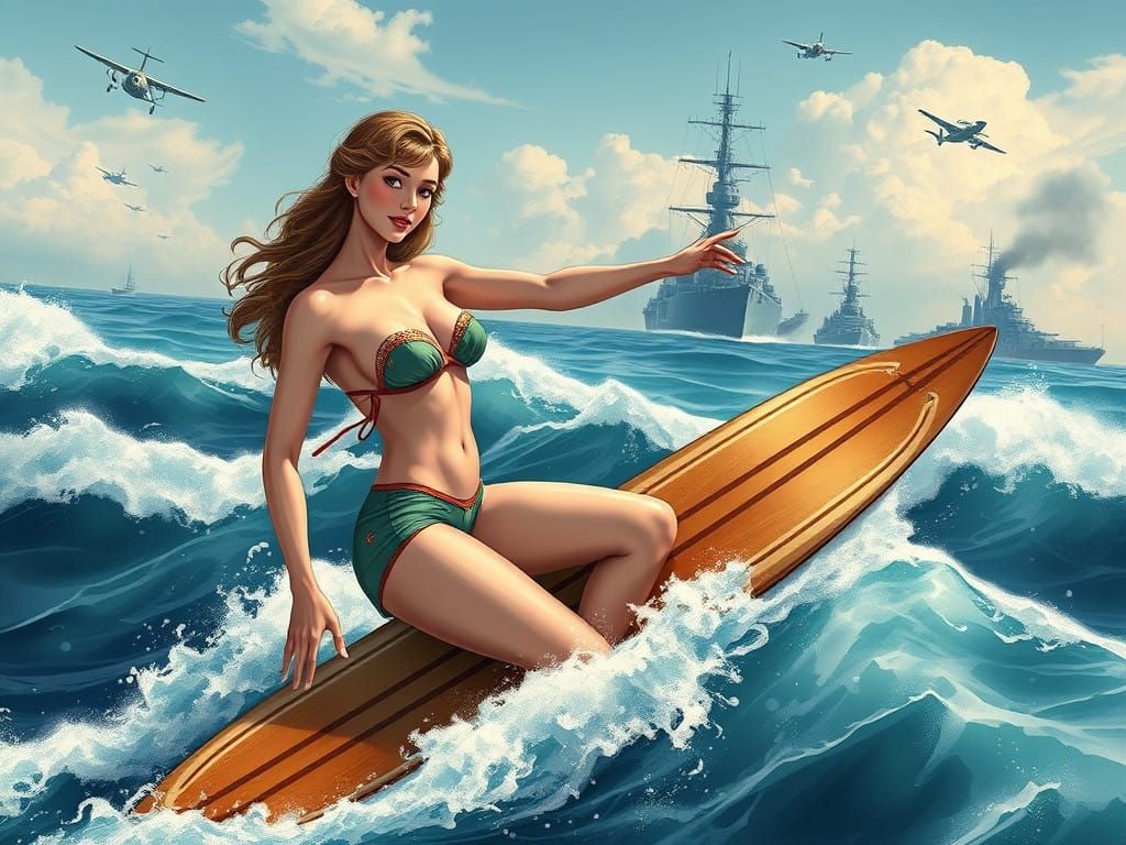 WW2 Goddess Venus Riding a Surfboard in Epic Naval Battle