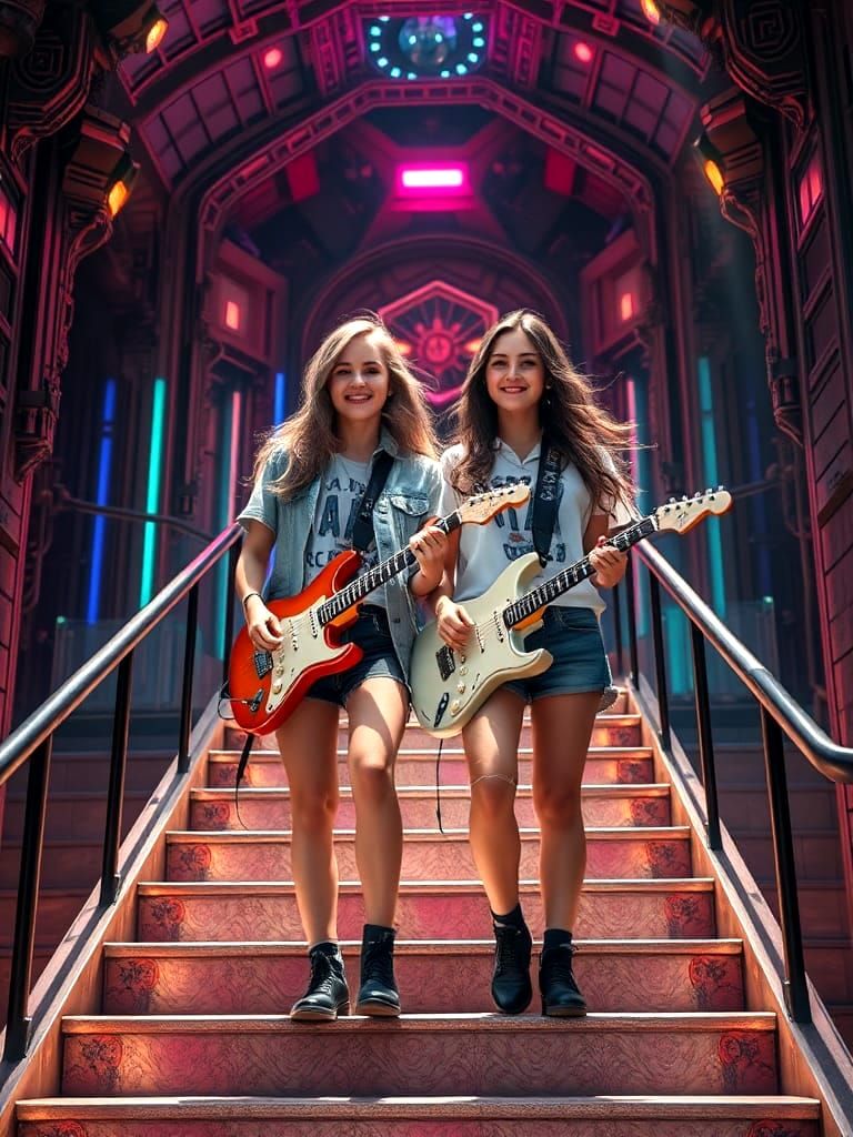 Two college girls emerge on stage by stairs