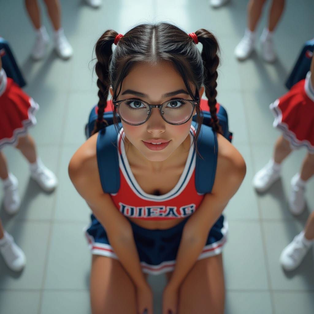Shy Cheerleader with Braids in Hyperrealistic Style