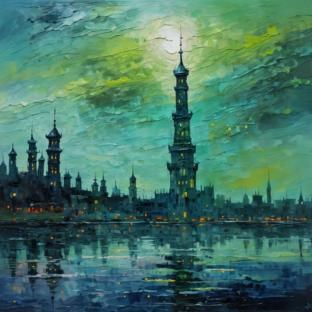 Oriental Night Tower Panorama as Impasto Painting