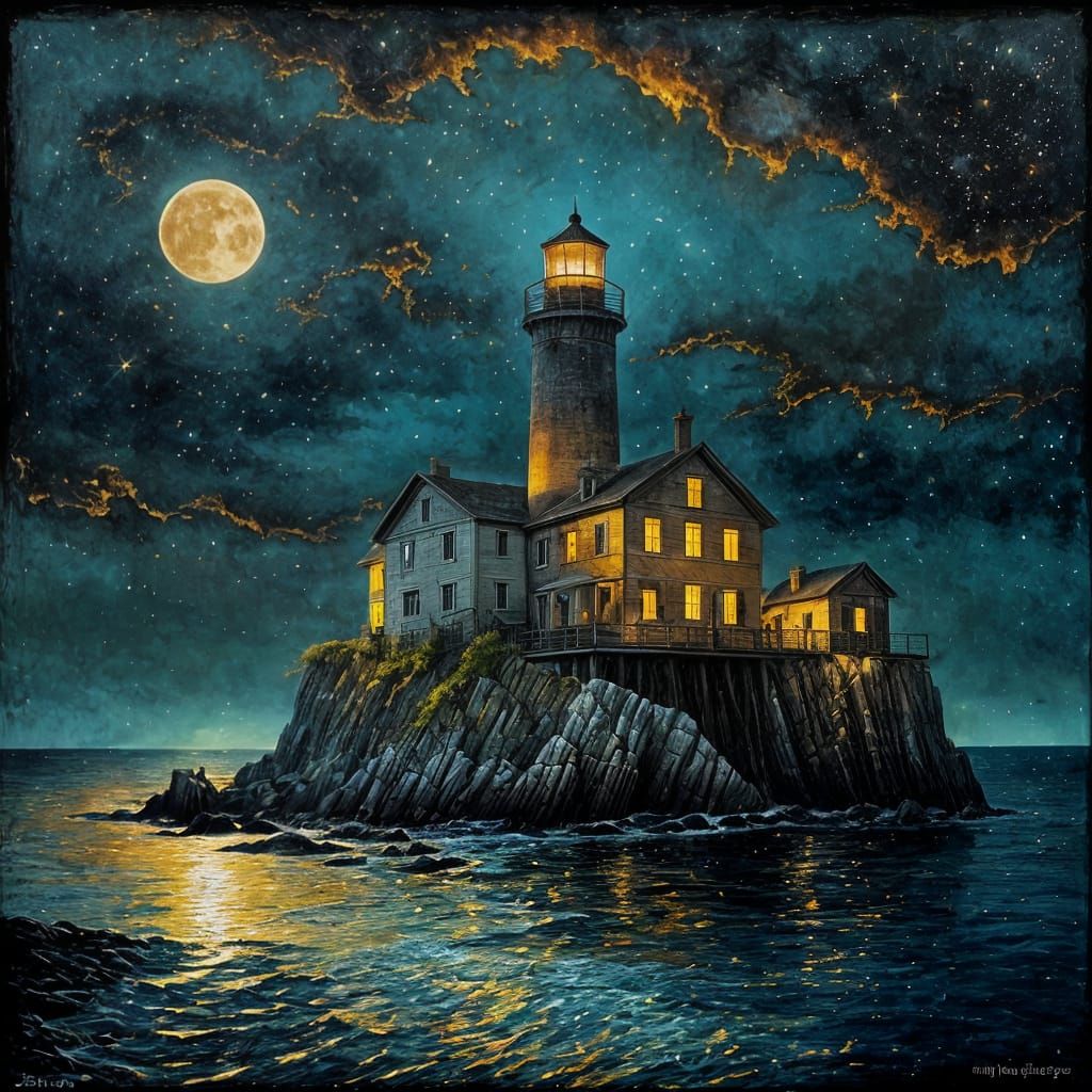 Lighthouse Under Golden Moon: Grungy Oil Painting