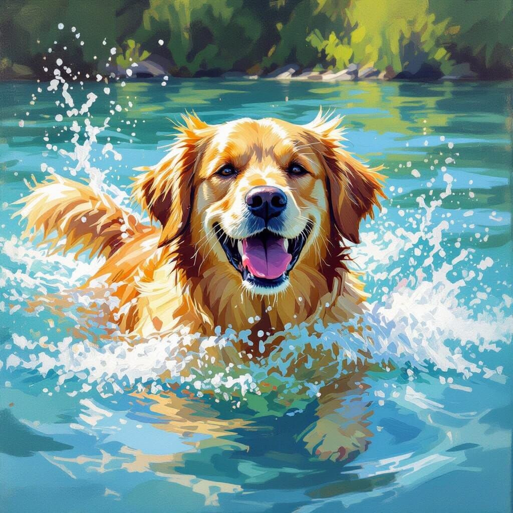 Golden Retriever Joyfully Swims in Sunlit Lake