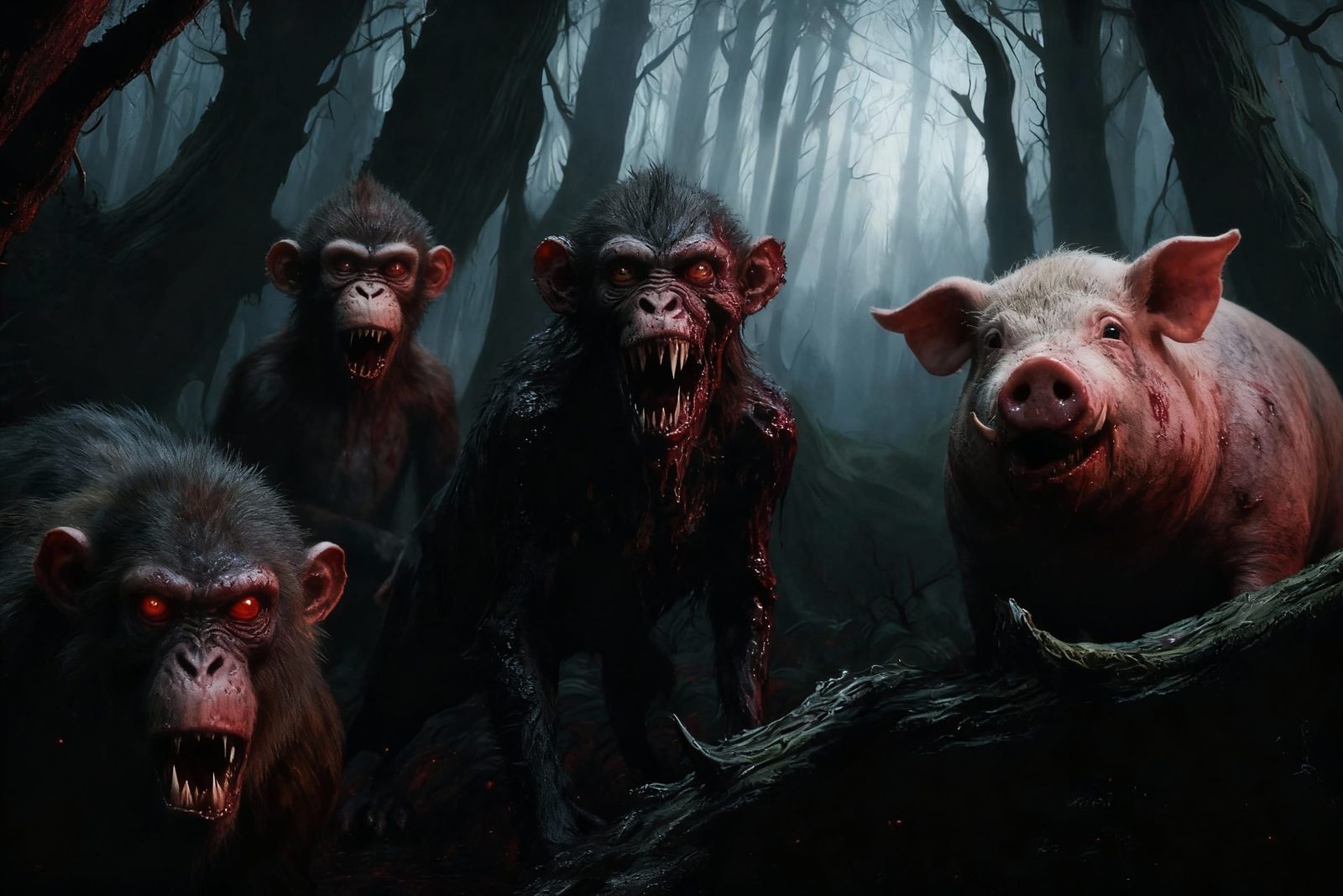 Horrifying & Grotesque Monkeys and Pigs in a Forest