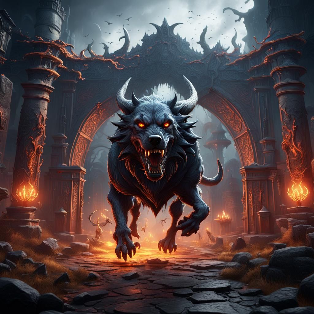 Hellhound in Dark Fantasy Enclosure: Digital Art