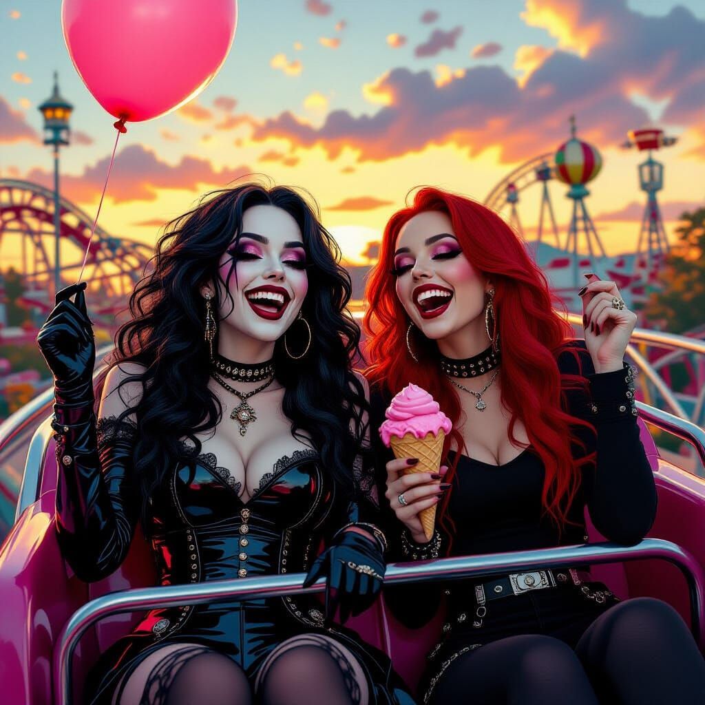 Goth Girls on Rollercoaster in Epic Fantasy Style