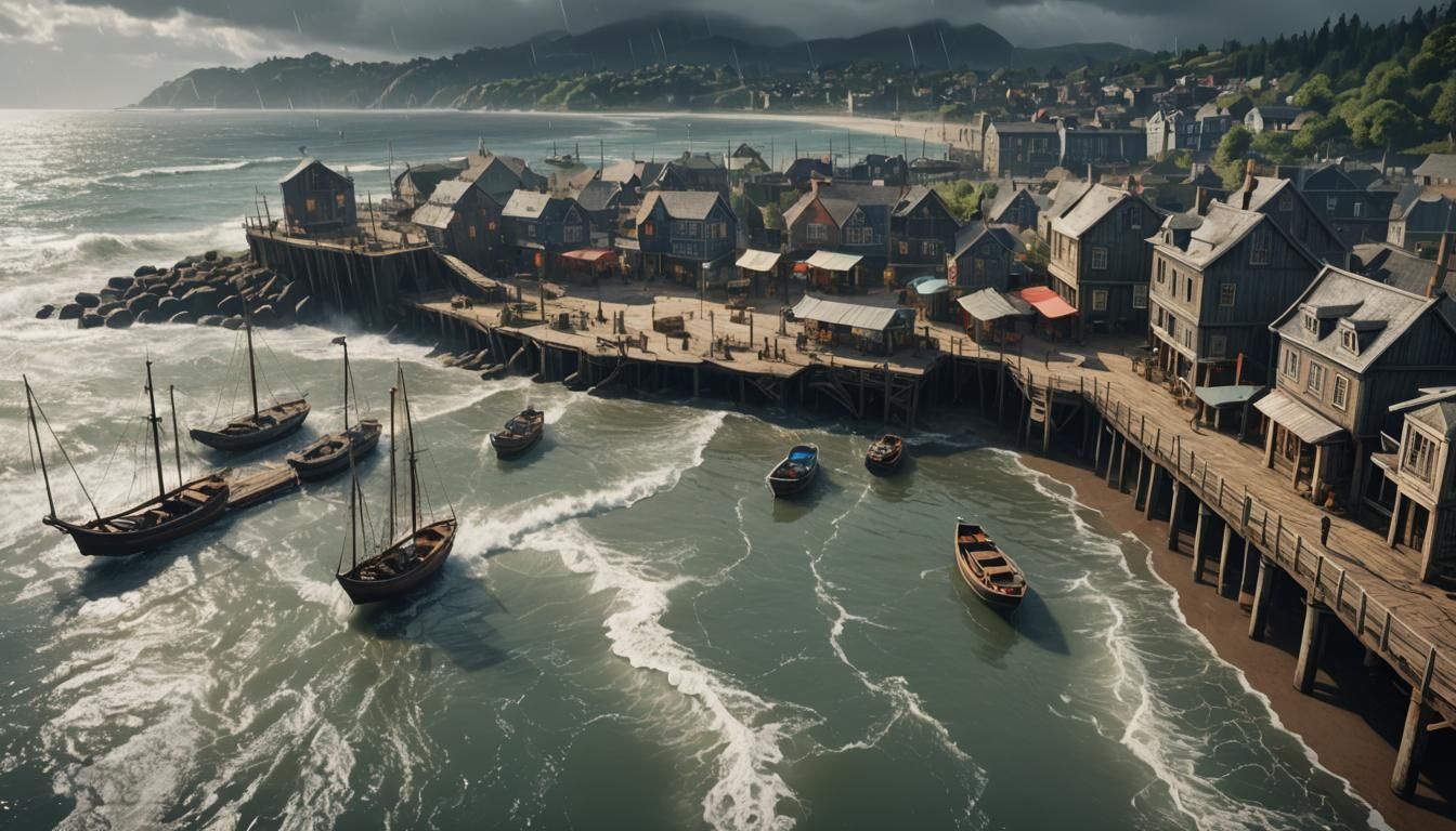 Raging Sea Overwhelms Coastal Town in 3D Render