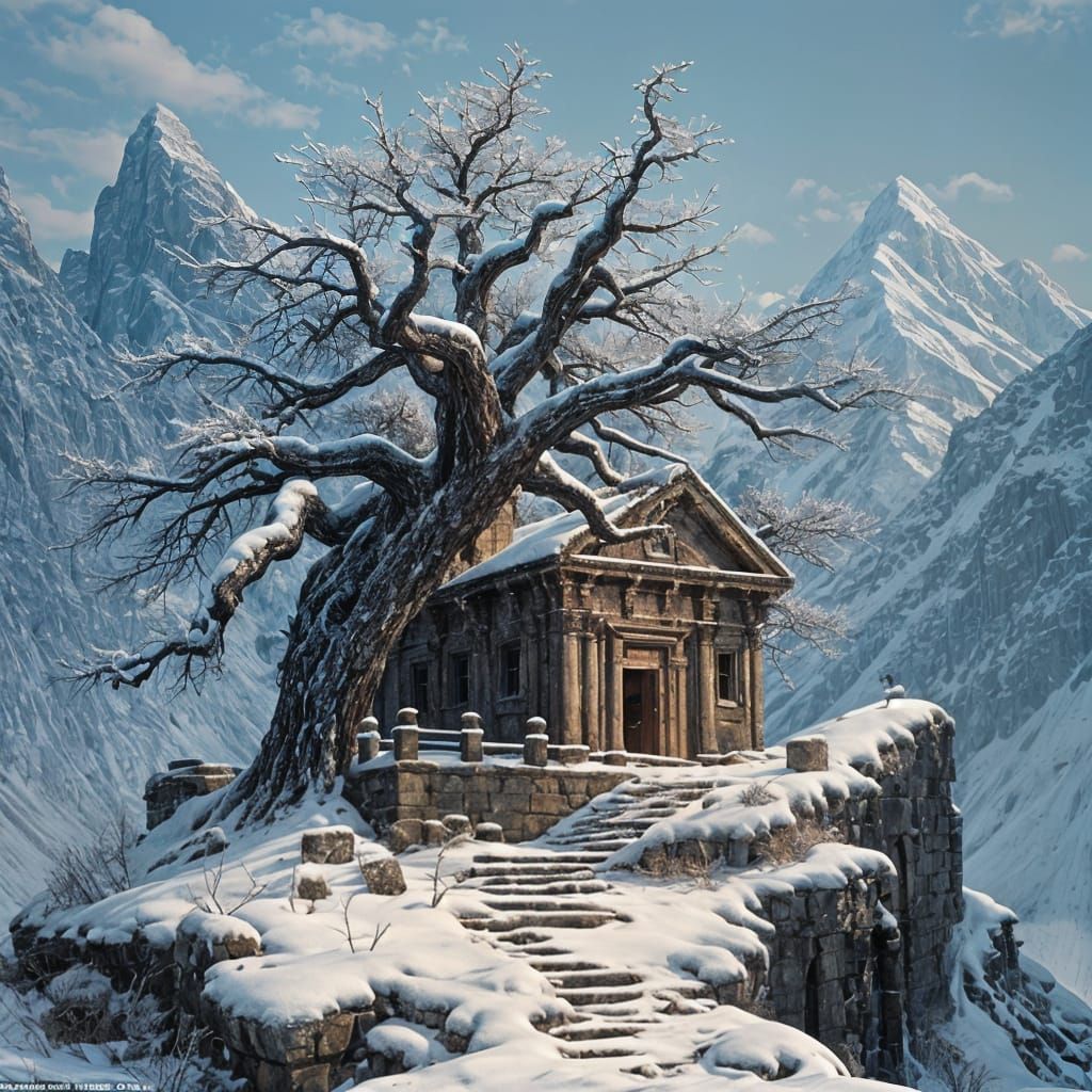 Ancient Temple in Frosty Mountainscape