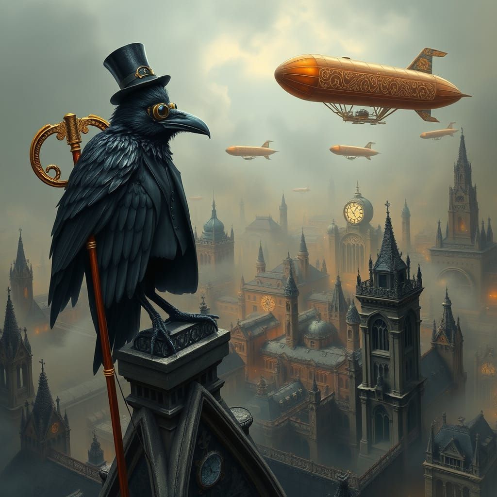 An anthropomorphic raven perched on a gothic cathedral, over...