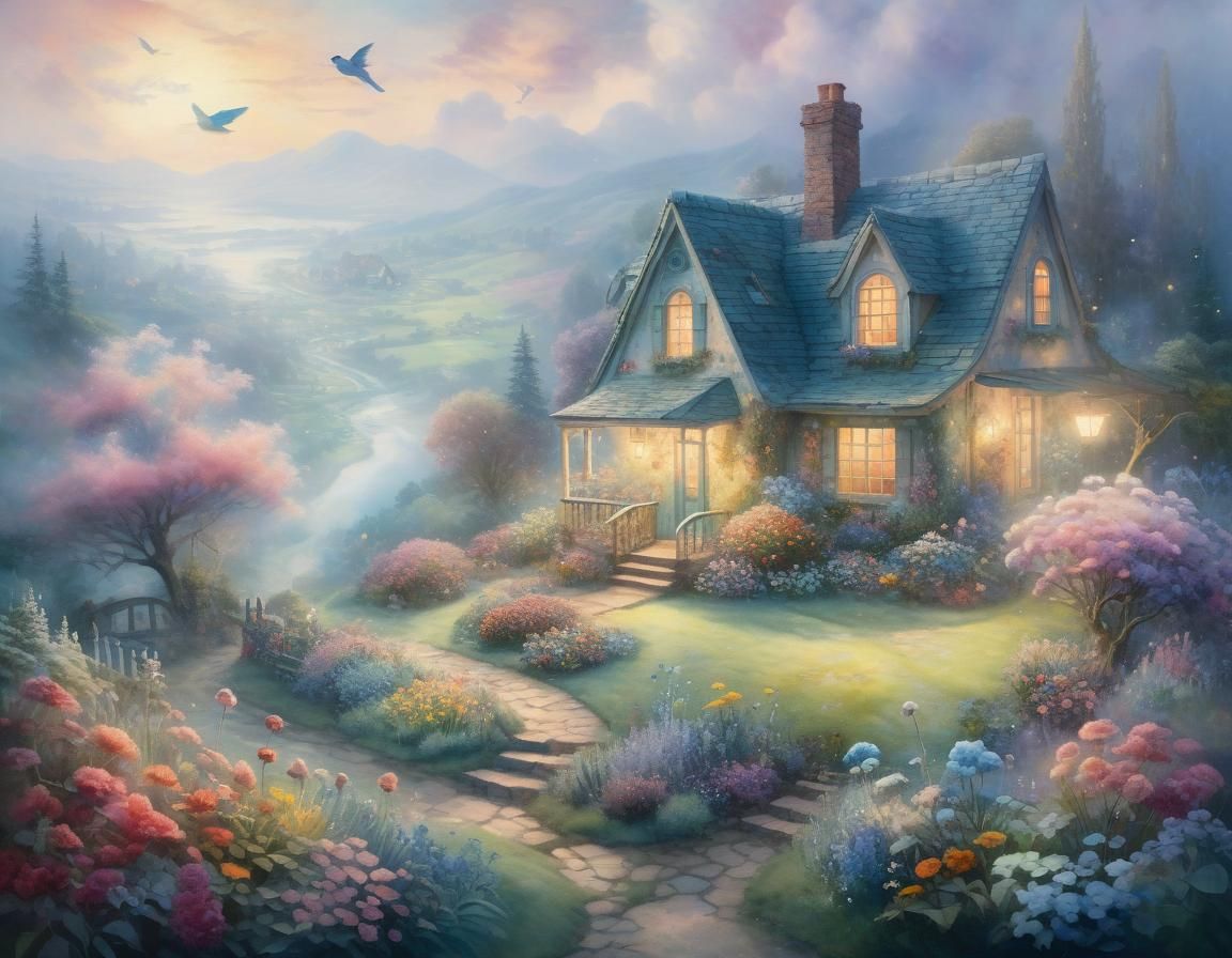 Dreamlike Floral Landscape in Ethereal Watercolor Style