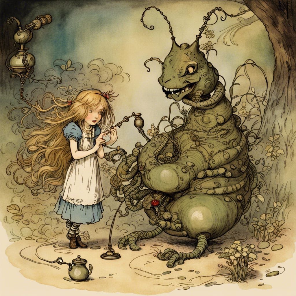 Alice and the Hookah-Smoking Caterpillar (in the style of Ar...