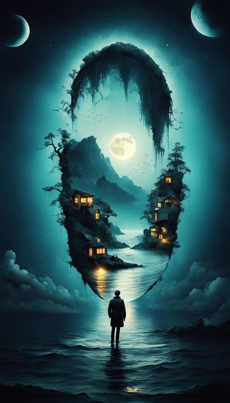 Surreal Earth and Moon Dreamscape in Sumi-e Style