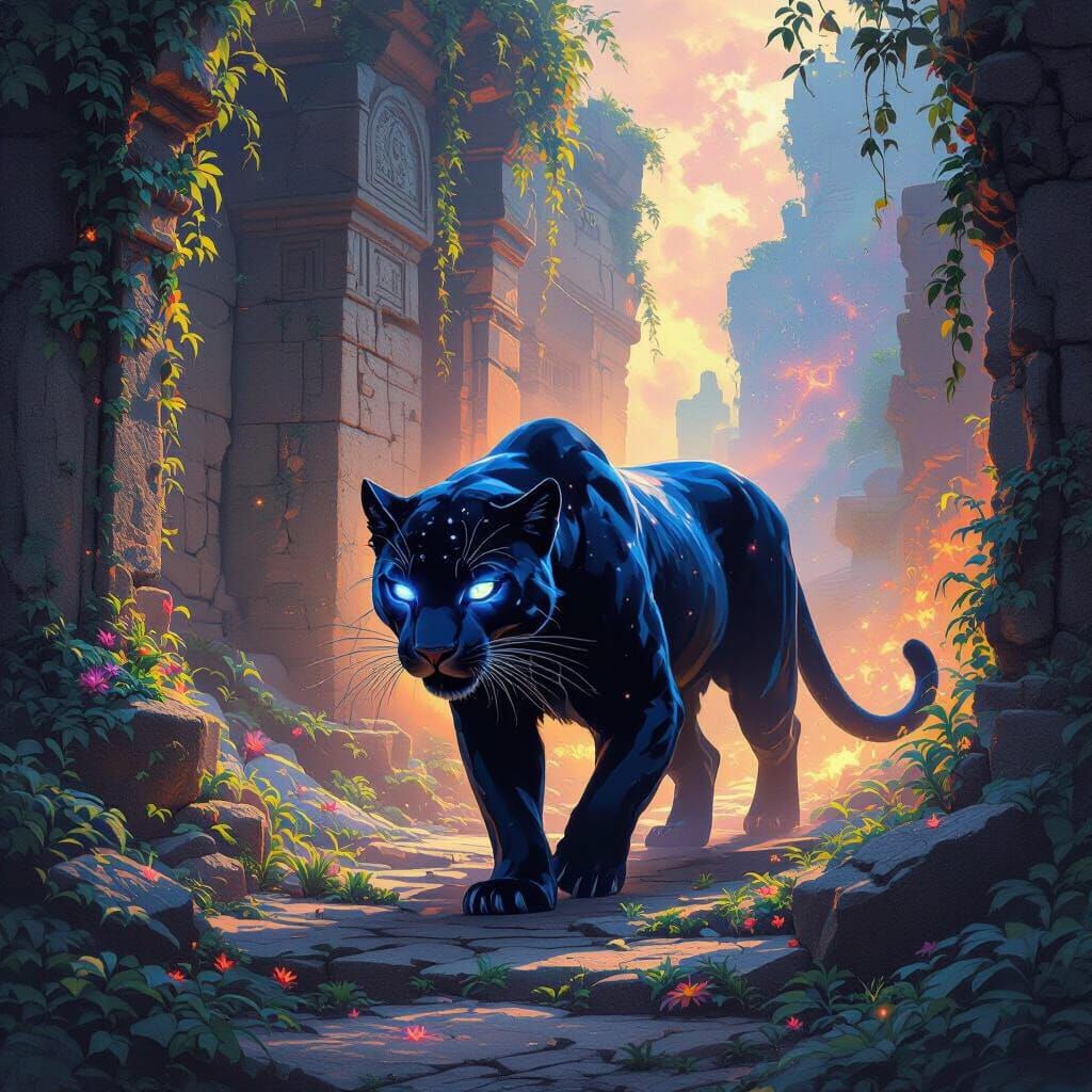 Obsidian Panther with Nebula Eyes in Ancient Temple Ruins