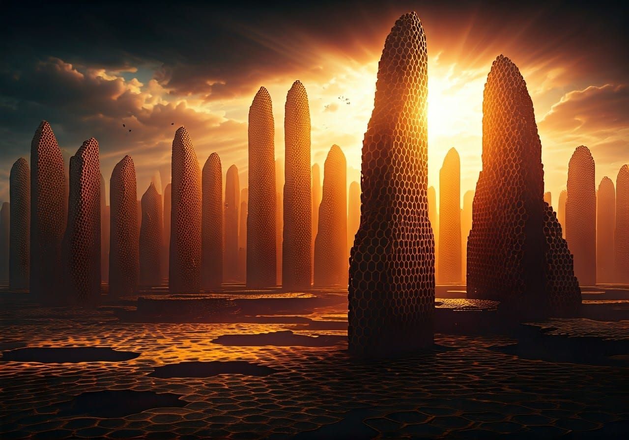 Surreal Golden Cityscape of Honeycomb Skyscrapers in a Bee-P...