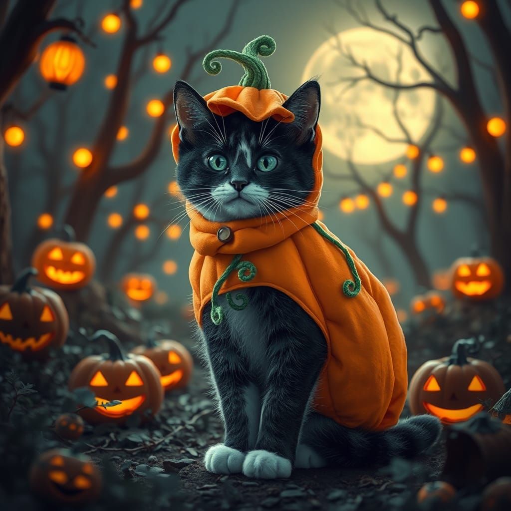 Cat in Pumpkin Costume, Halloween Matte Painting