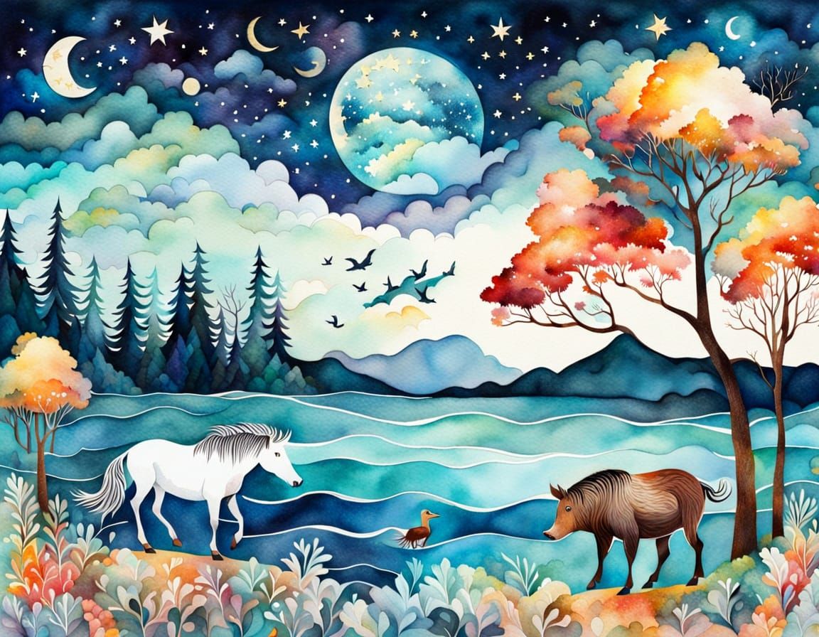 Surreal Wild Boar Landscape in Aquarelle Style