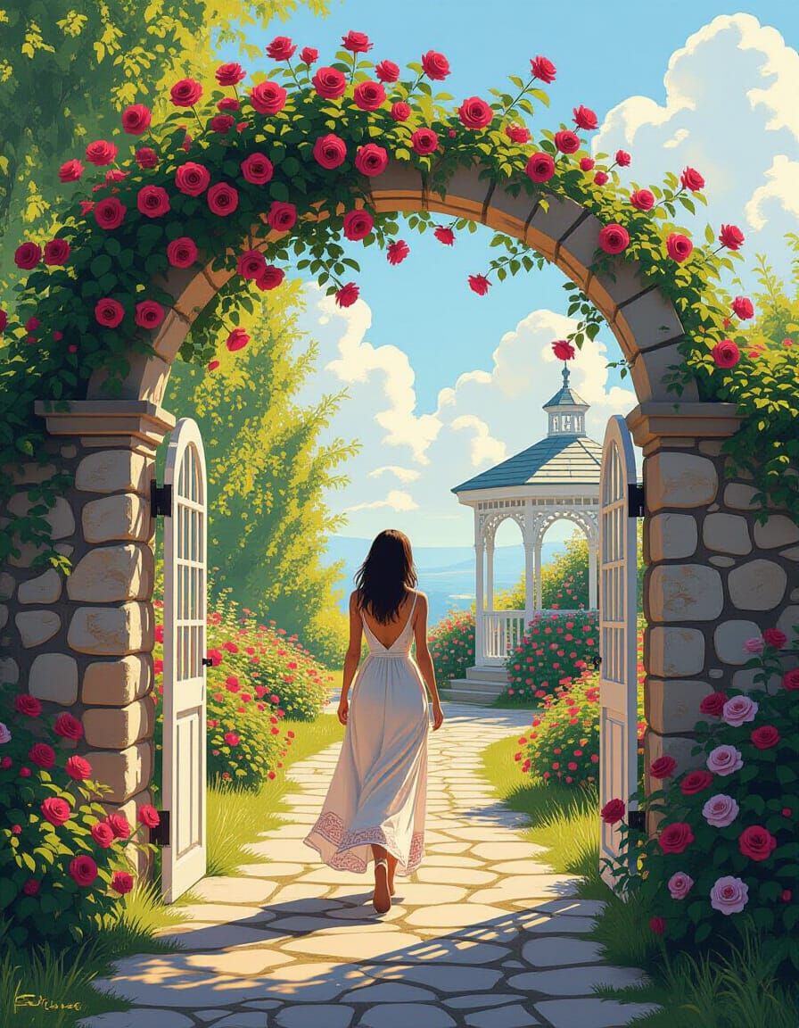 Woman Enters Lush Garden Through Rose Trellis