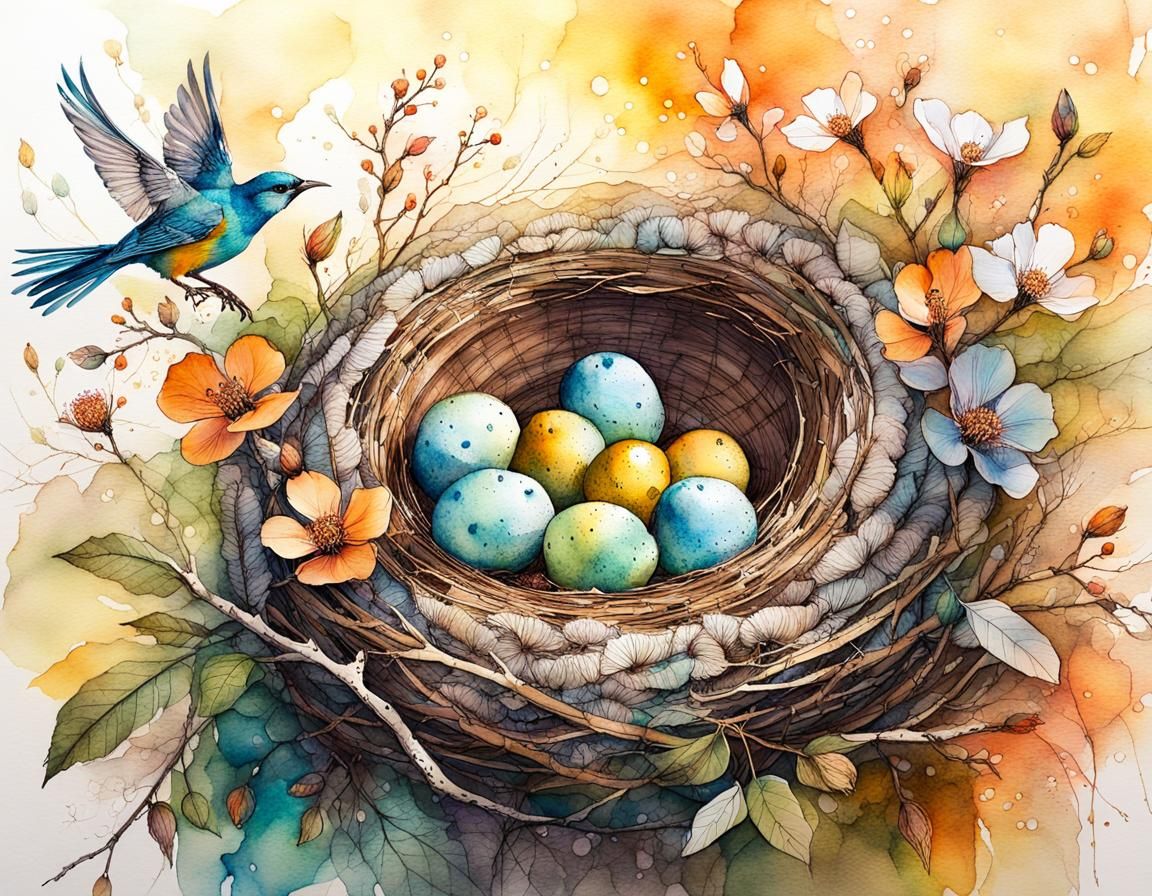 Vibrant Watercolor Birds in Blooming Garden