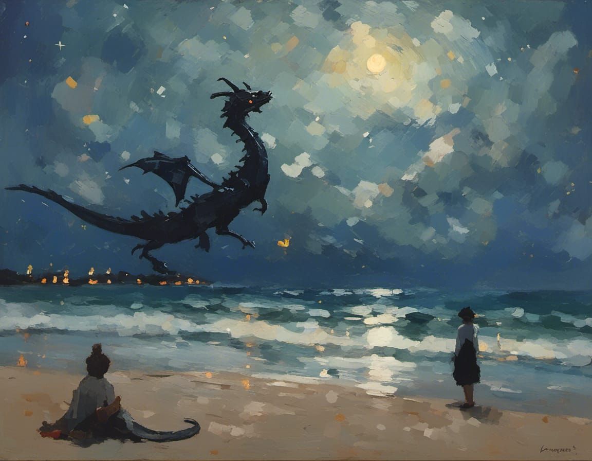 Dragon on Starry Beach in Tonalist Style