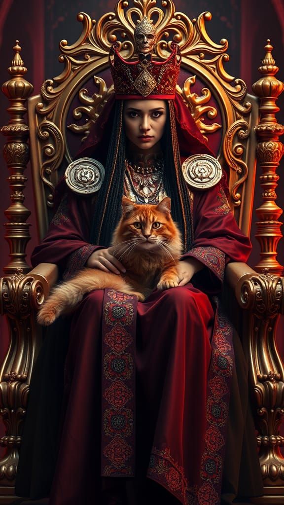 Arab Queen on Golden Throne with Cat