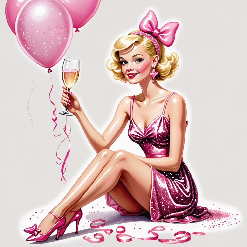 Whimsical Woman with Pink Glitter Dress and Balloon