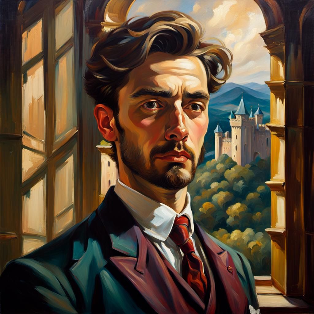 Aristocratic Man in Castle: Oil Painting with Dramatic Flair