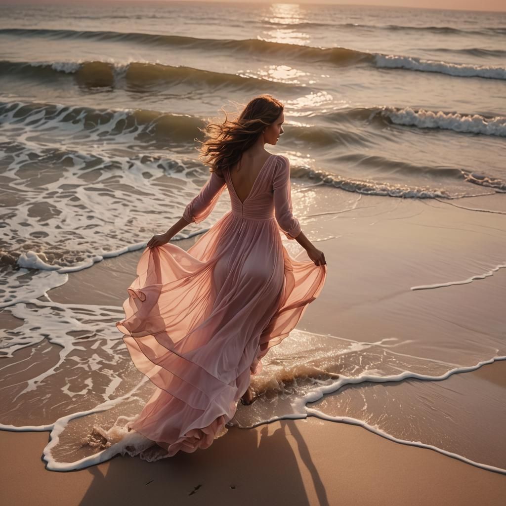Woman in Pink Dress Running on Beach at Sunset