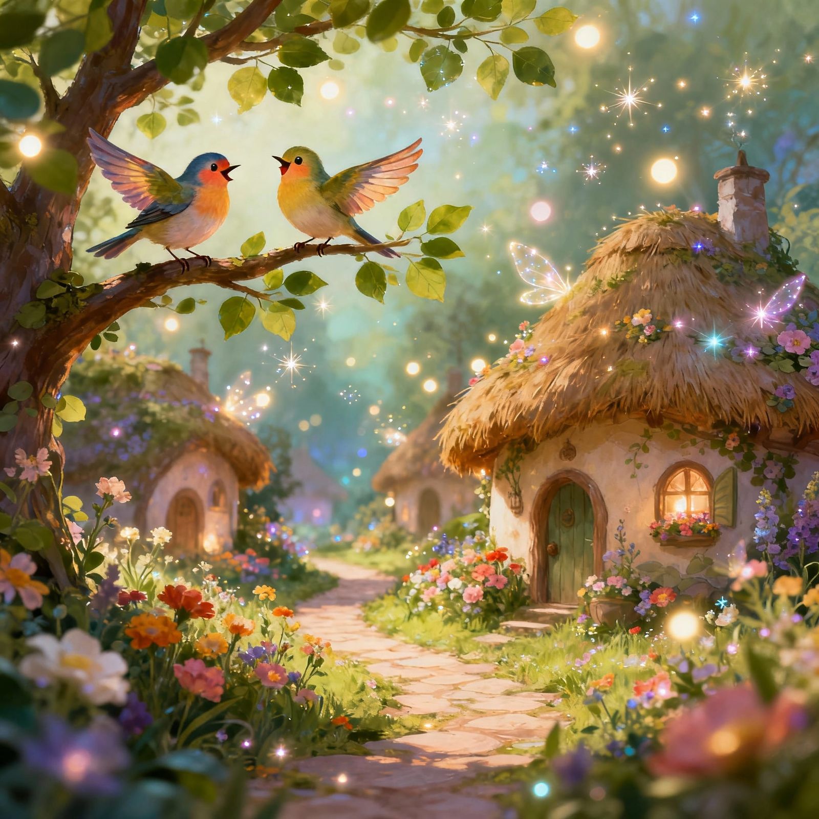 Magical Fairy Village with Joyful Birds
