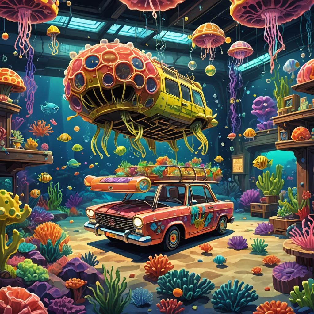 Spongebob Browsing Underwater Car Store: Low-Poly Art