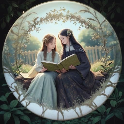 Sisters Discovering Nature in Whimsical Garden Illustration
