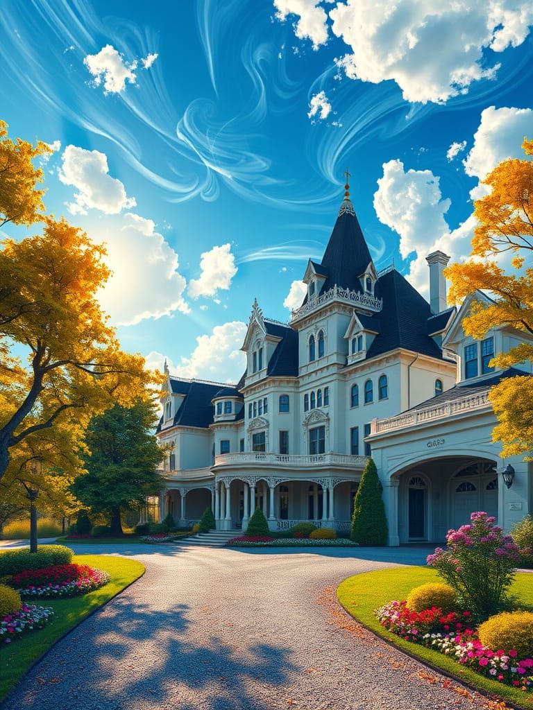 Ethereal Victorian Mansion Amidst Vibrant Forest