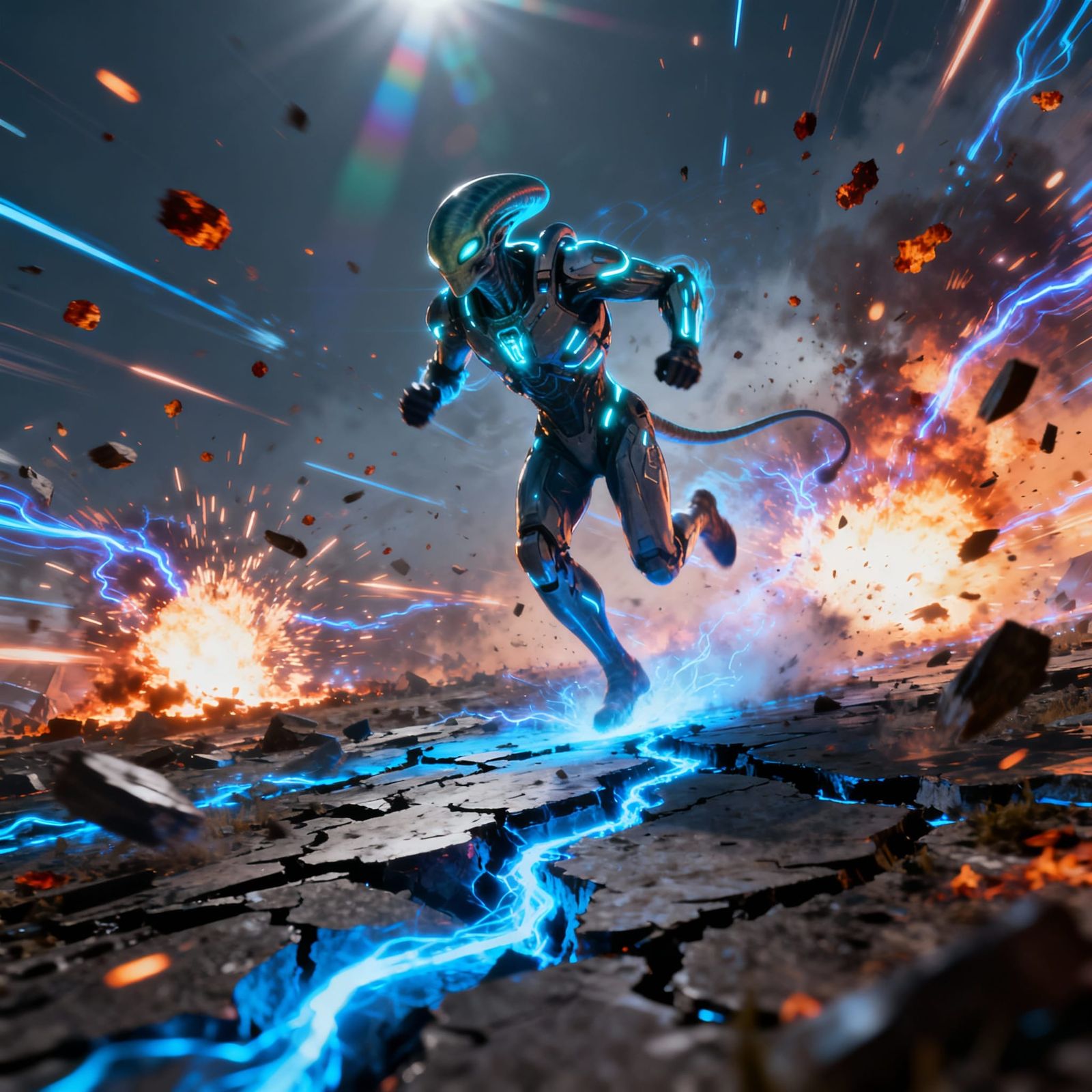 Alien in Glowing Exosuit Sprints Across Shattered Battlefiel...